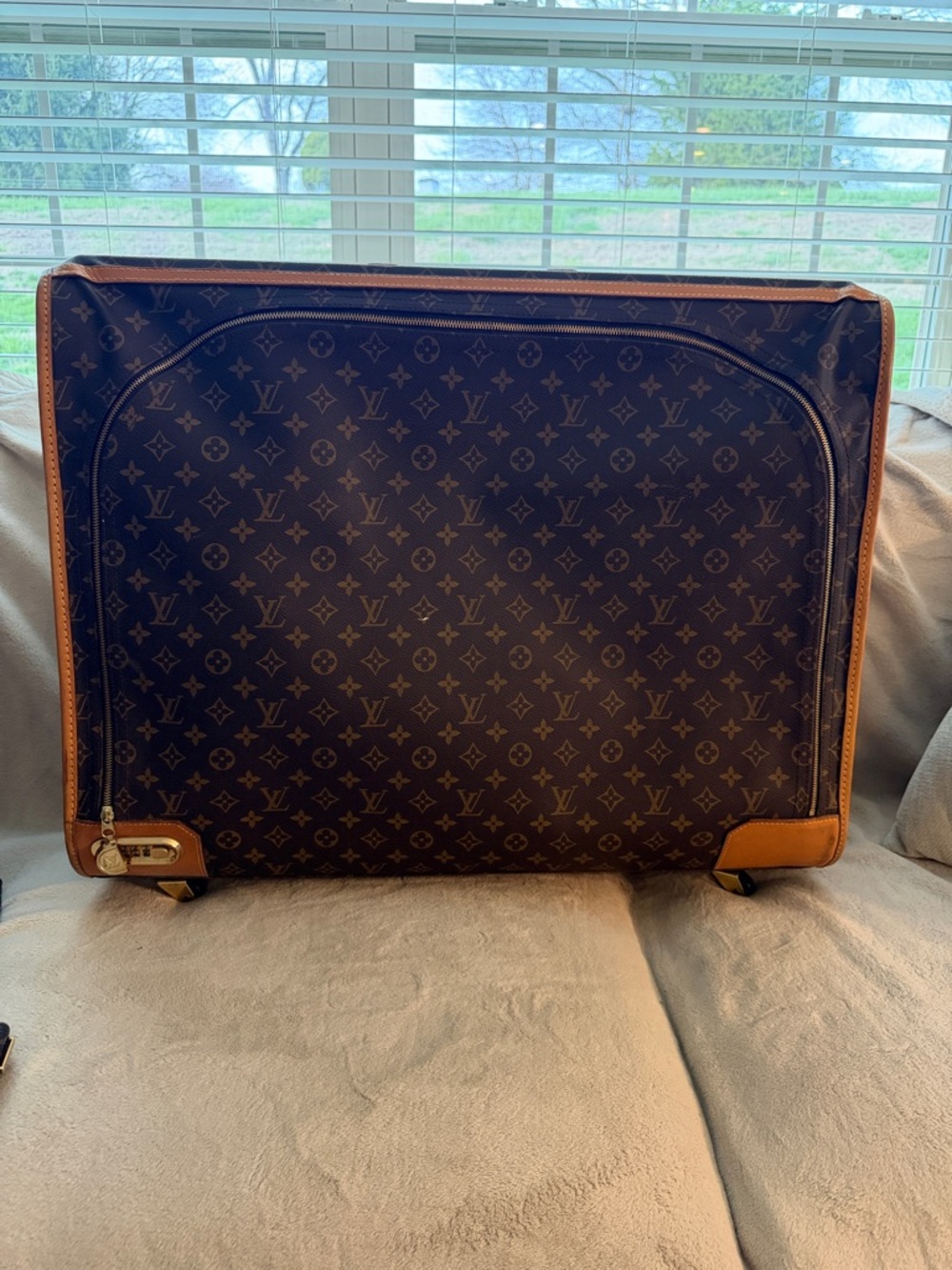 Vintage Louis Vuitton Monogram Wheeled Suitcase with Tan Leather Trim
